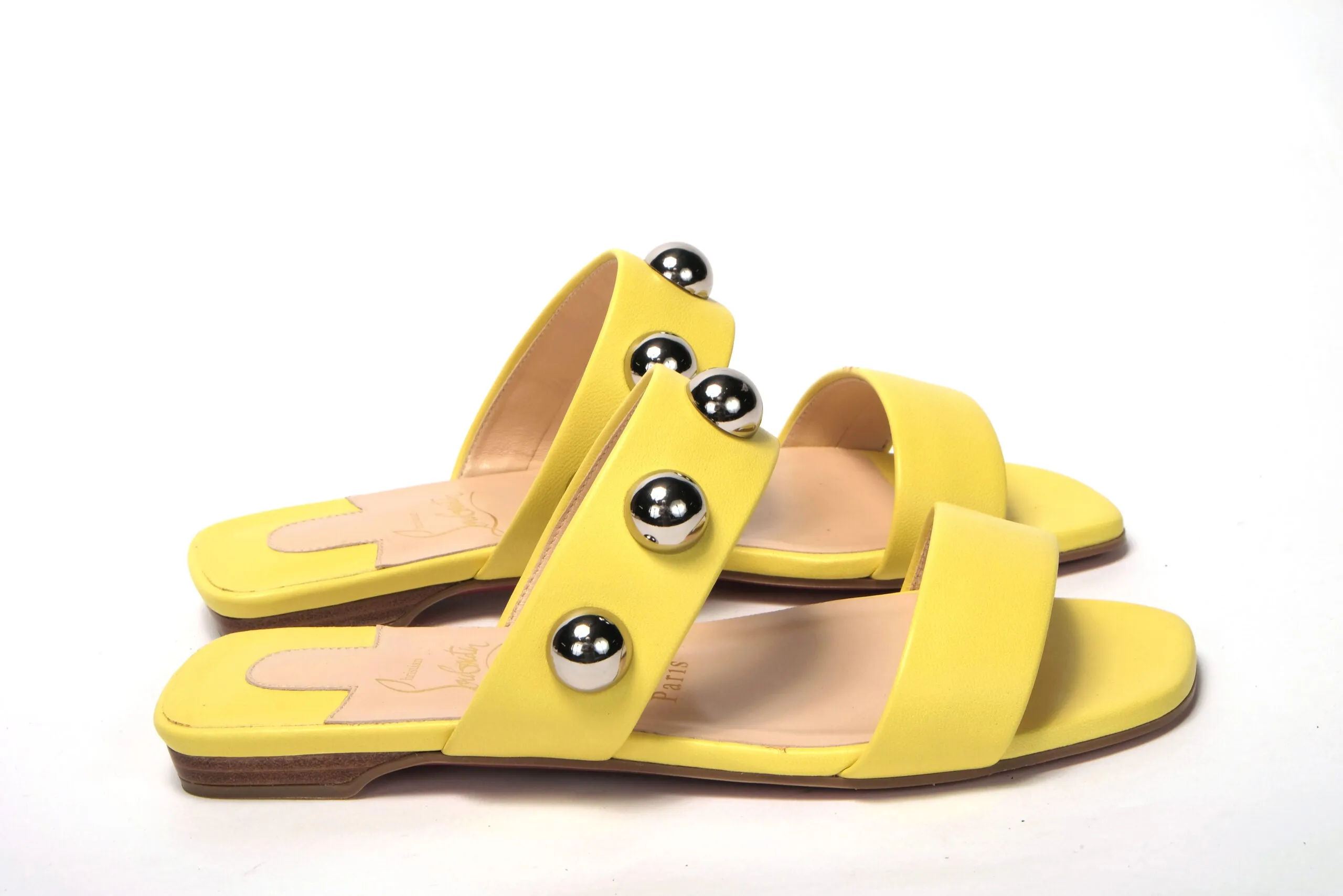 Christian Louboutin Bright Yellow Silver Wide Strap Studded Flat Flat Shoes Or Heels For Squats