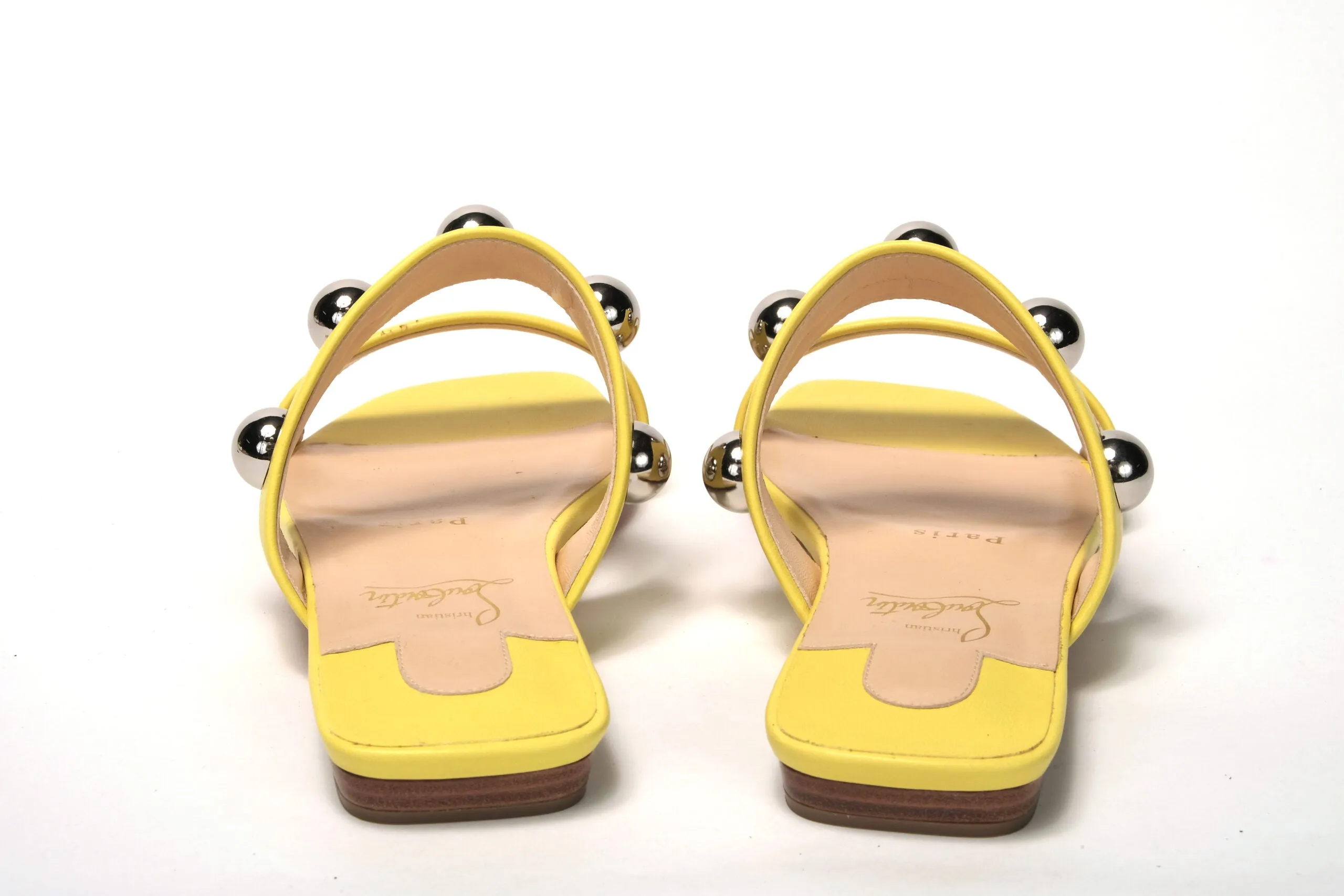 Rothy Flat Shoes Christian Louboutin Bright Yellow Silver Wide Strap Studded Flat