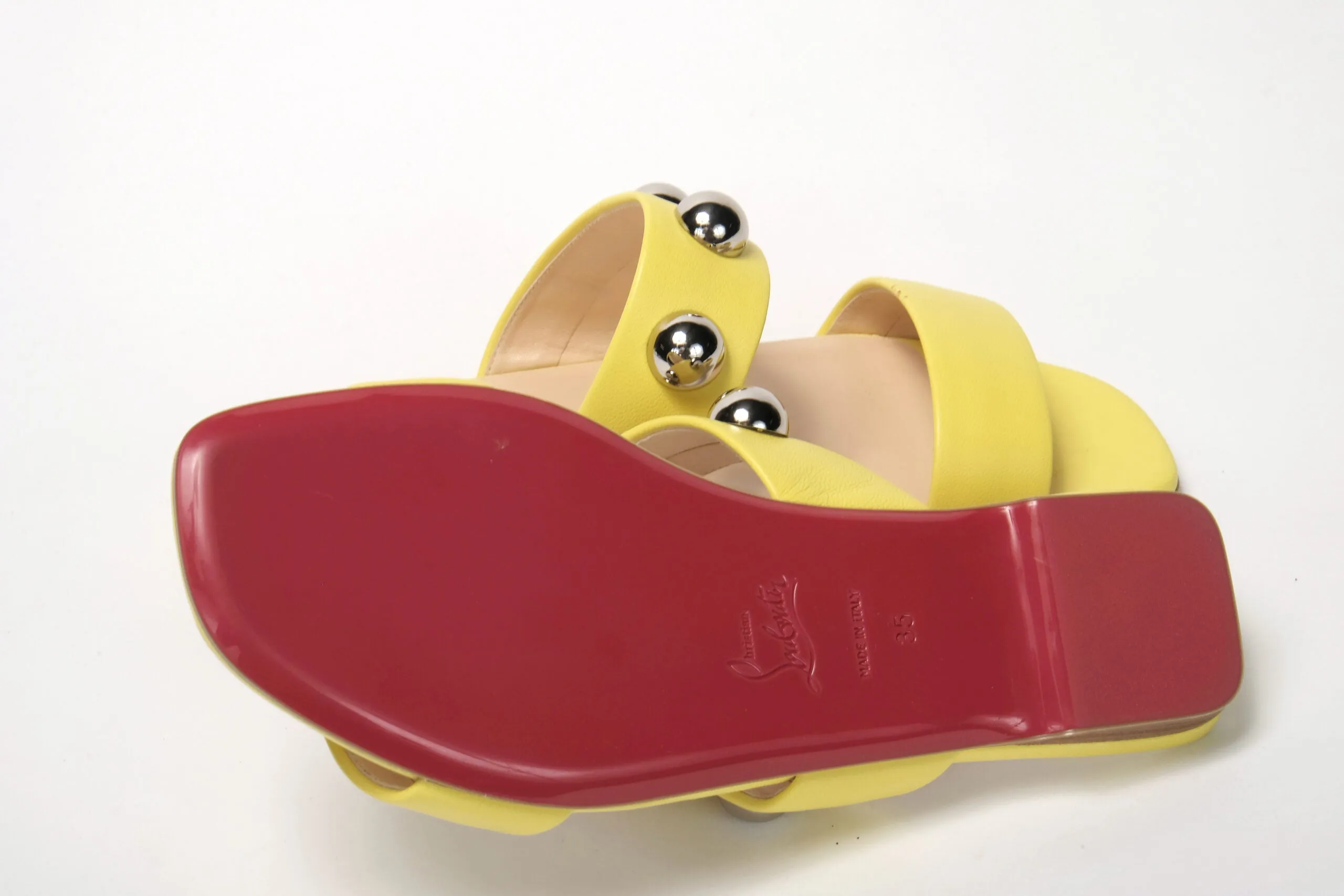 Cushioned Shoes For Flat Feet Christian Louboutin Bright Yellow Silver Wide Strap Studded Flat