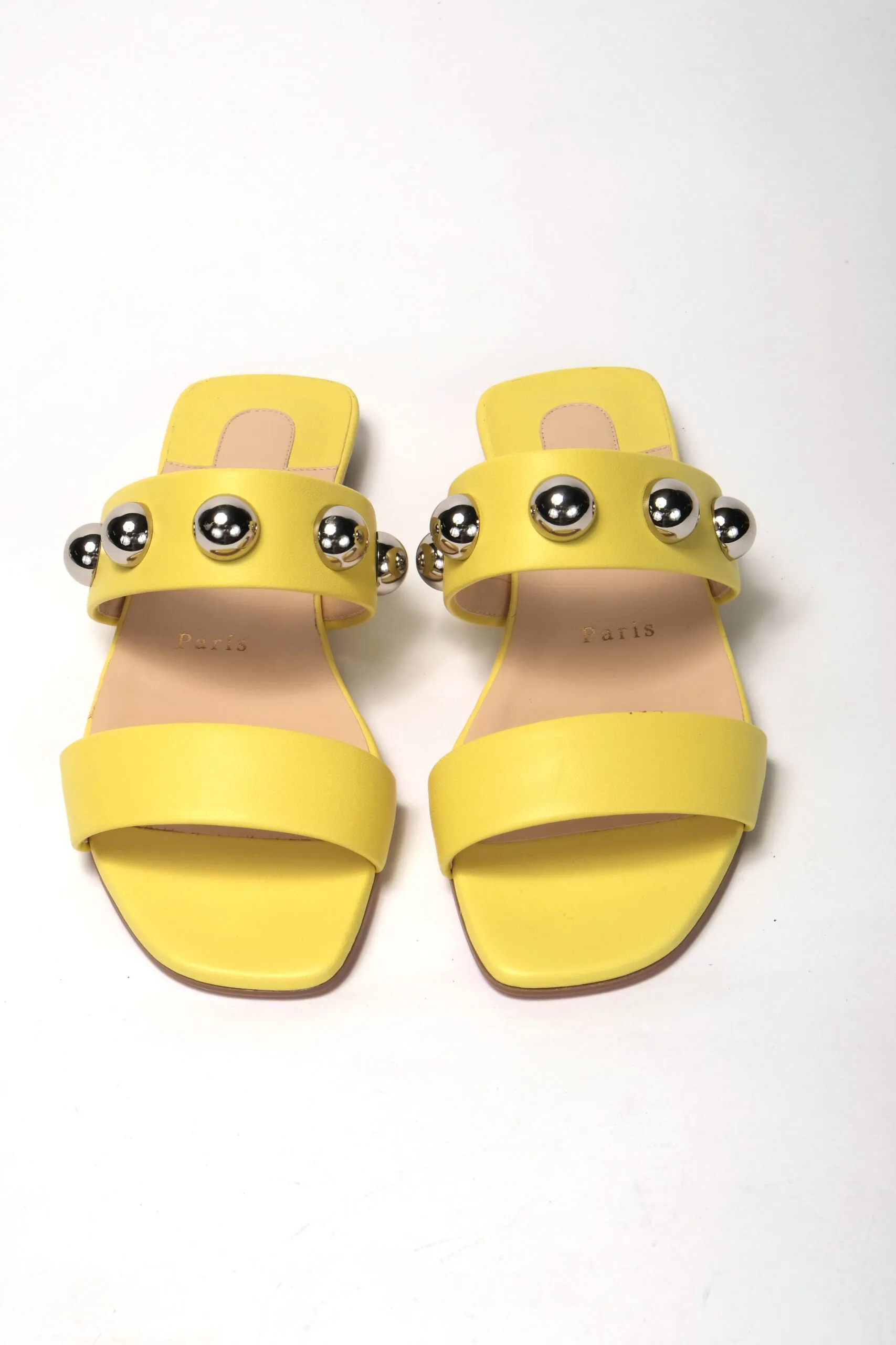 Flat Vs Heel Lifting Shoes Christian Louboutin Bright Yellow Silver Wide Strap Studded Flat
