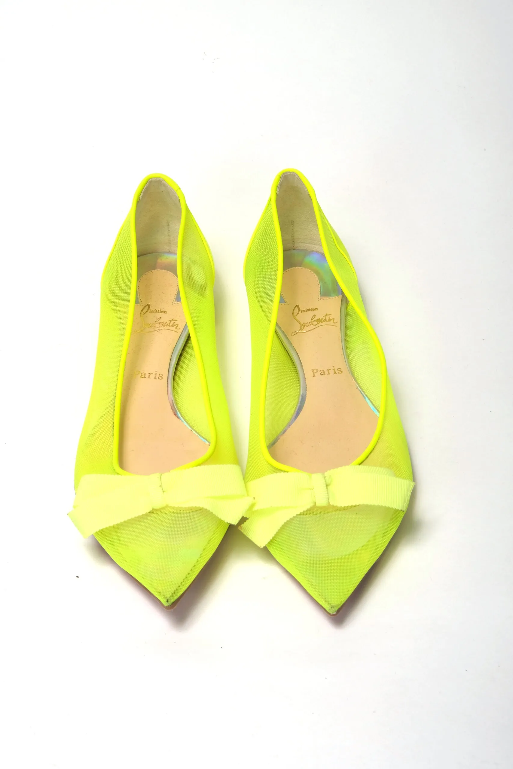 Christian Louboutin Fluro Yellow Flat Point Toe Shoe Silver Flat Shoes