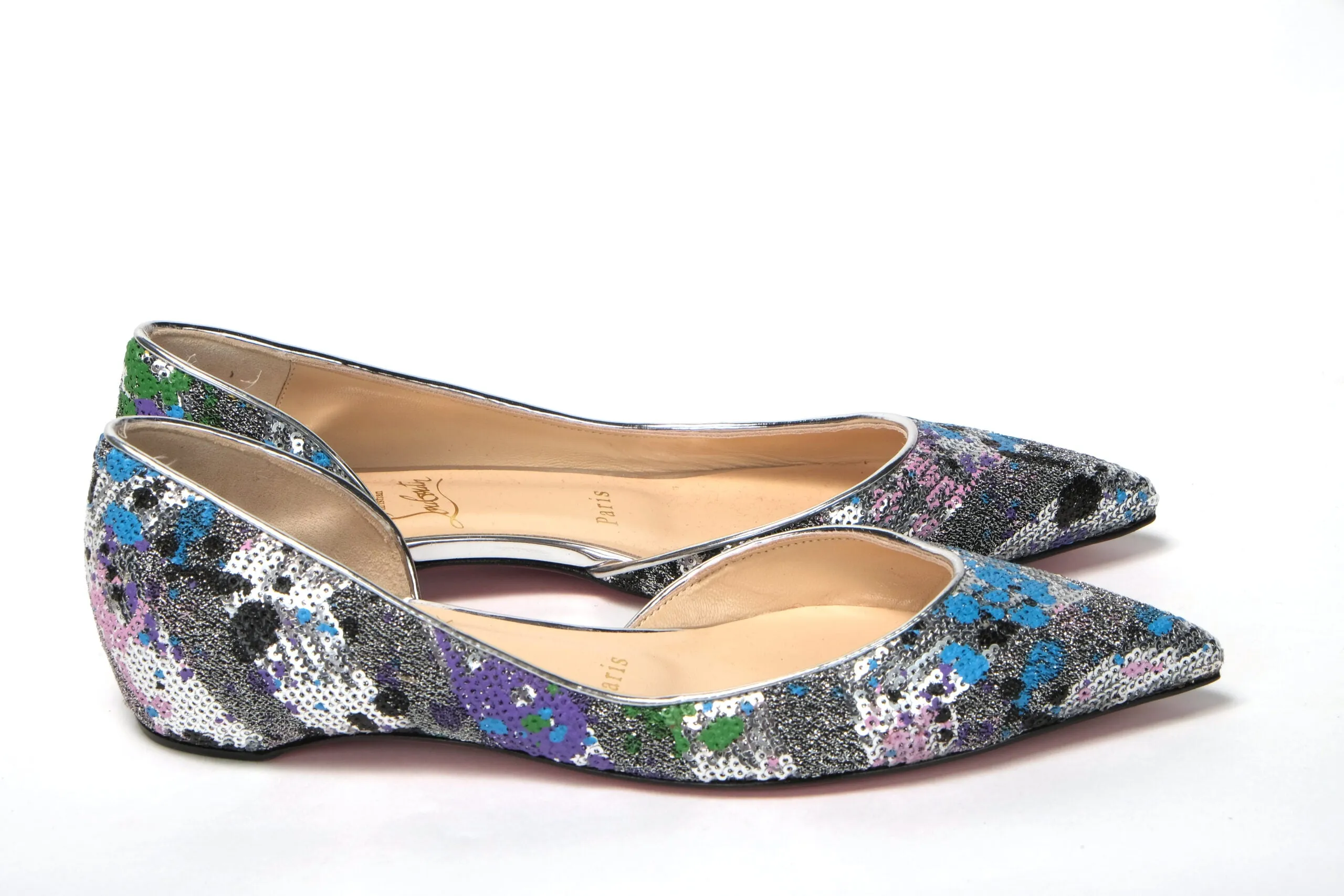 Christian Louboutin Multicolor Silver Flat Point Toe Shoe Satin Flat Shoes