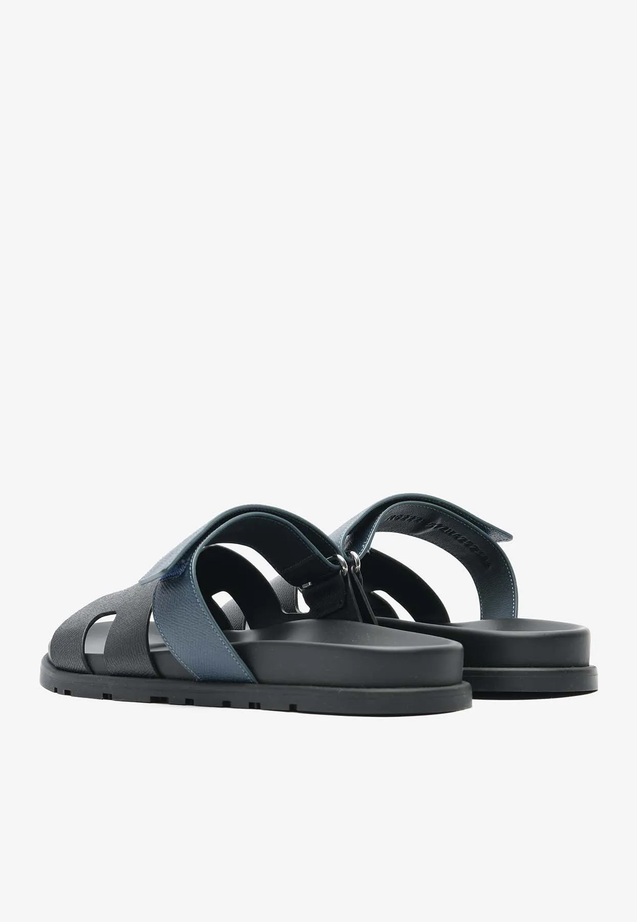 Chypre Sandals in Black and Bleu Celeste Epsom Leather Sandals Dupe