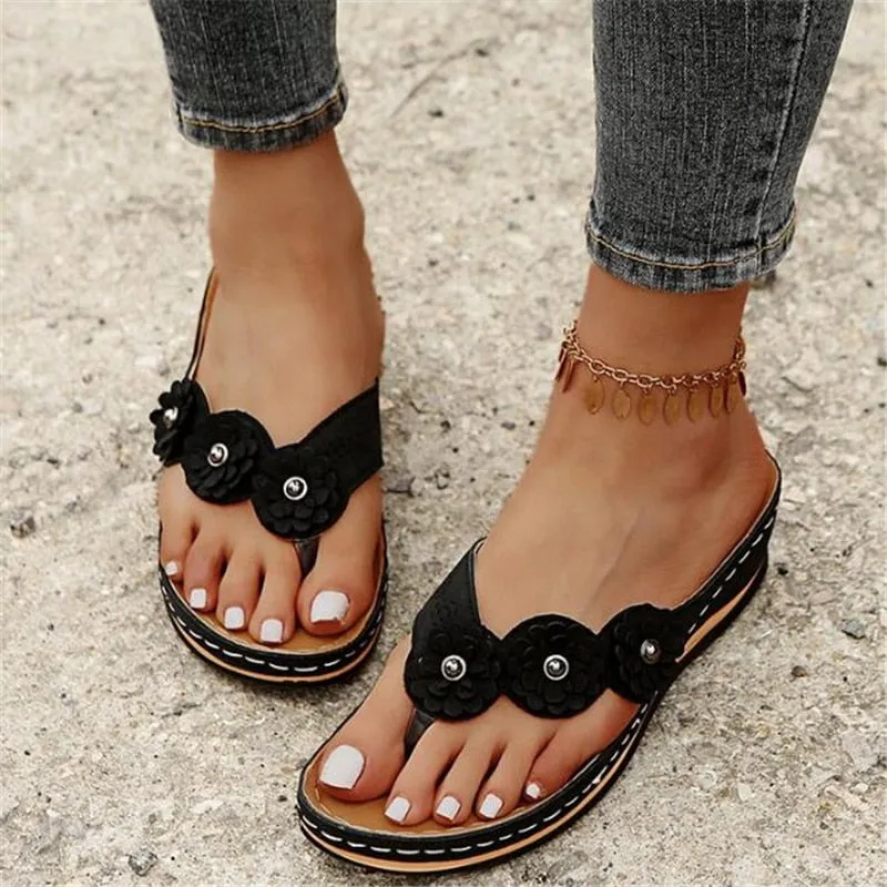 2025 Flip Flops Slippers Women Summer PU Sewing Thong Sandals Vintage