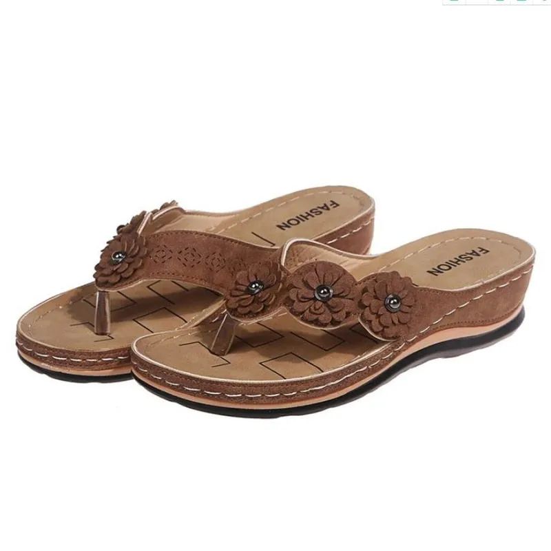 Flip Flops With Two Straps Slippers Women Summer PU Sewing Thong Sandals Vintage