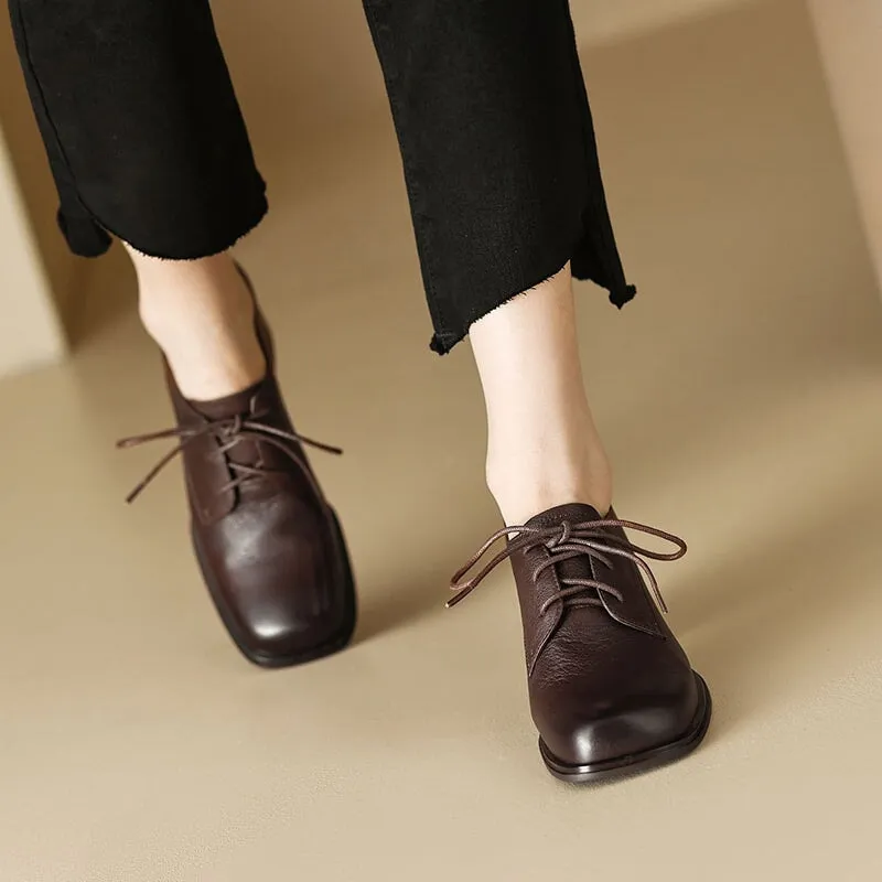 Braydon Plain Toe Oxfords Women Square Toe Lace Up Leather Chunky Derby Shoes 55mm Block Heel in Brown/Black