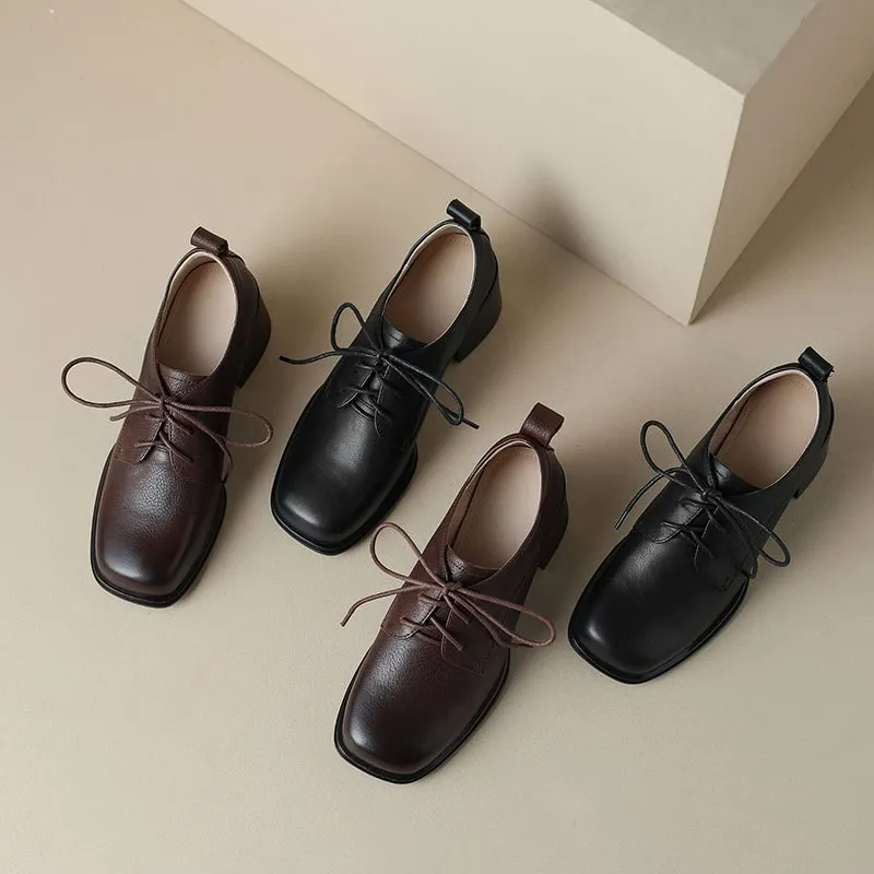 Soge Oxford Women Square Toe Lace Up Leather Chunky Derby Shoes 55mm Block Heel in Brown/Black