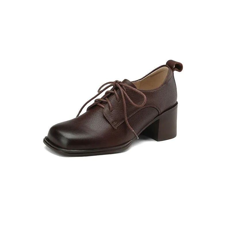 Women Square Toe Lace Up Leather Chunky Derby Shoes 55mm Block Heel in Brown/Black Newtown Canvas Plain Toe Oxfords