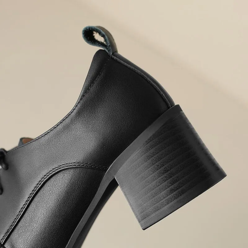 Women Square Toe Lace Up Leather Chunky Derby Shoes 55mm Block Heel in Brown/Black P550 Basketball Oxfords