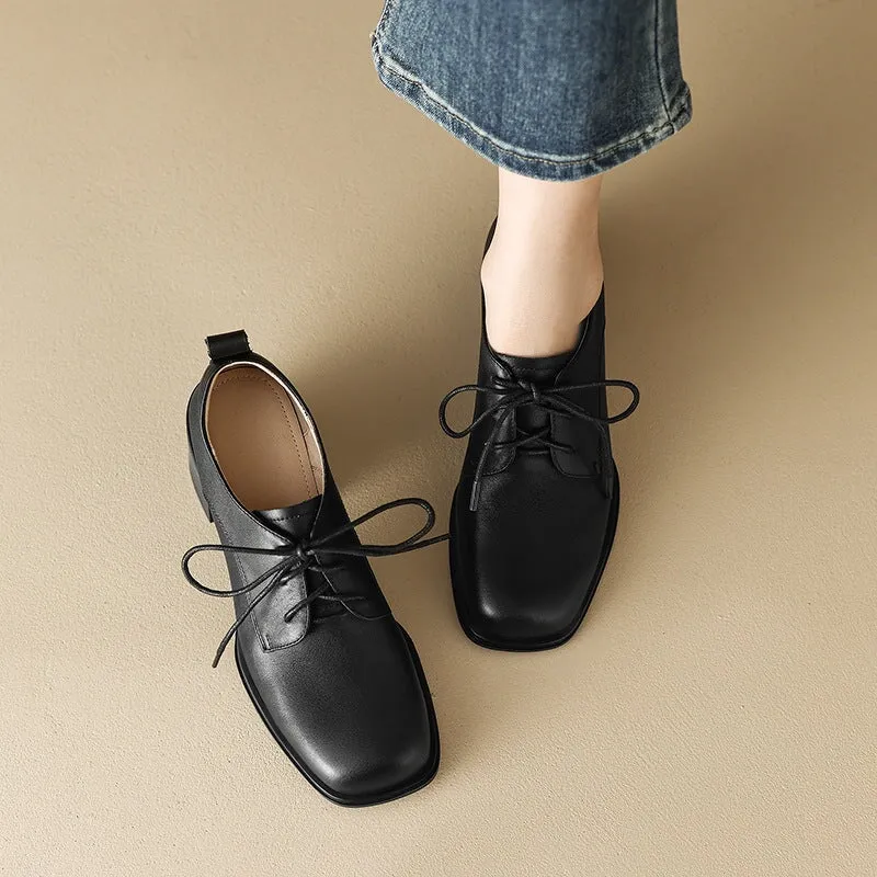 Women Square Toe Lace Up Leather Chunky Derby Shoes 55mm Block Heel in Brown/Black Twill Vs Oxford