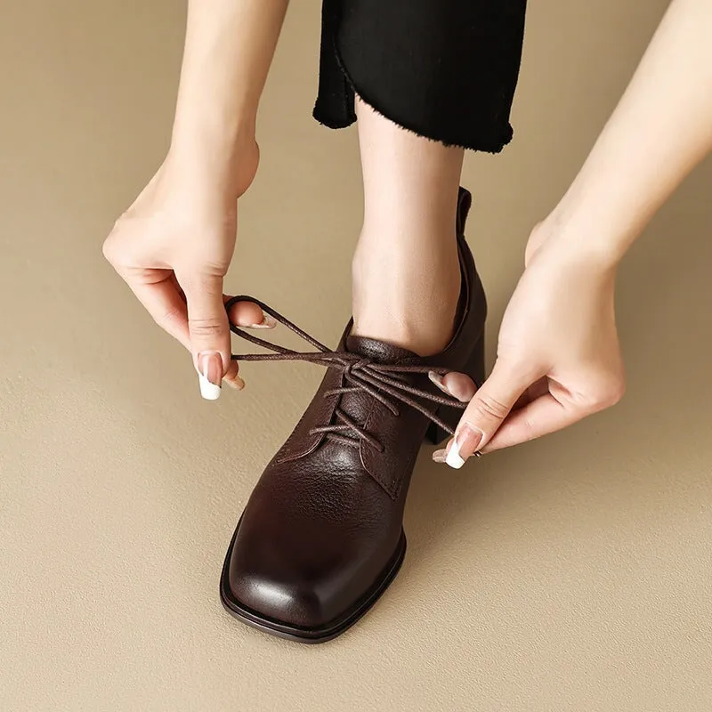 Women Square Toe Lace Up Leather Chunky Derby Shoes 55mm Block Heel in Brown/Black Quotes Oxfords Not