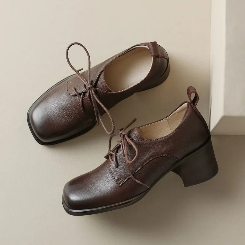 Women Square Toe Lace Up Leather Chunky Derby Shoes 55mm Block Heel in Brown/Black Time Fashion Oxford Al