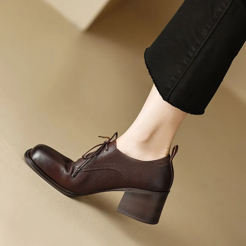 Oxfords With Arch Support Women Square Toe Lace Up Leather Chunky Derby Shoes 55mm Block Heel in Brown/Black