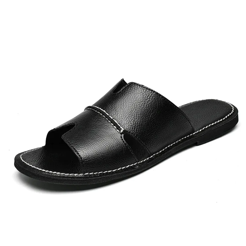 Yeknu Fashion Leather Slippers for Men Luxury Leather Sandals Summer Casual Slip On Leather Shoes Man Ultra Soft Solid Cowhide Slides Hideaway Slippers