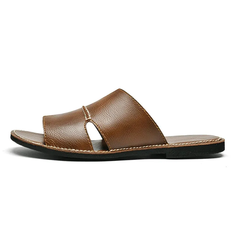 Yeknu Fashion Leather Slippers for Men Luxury Leather Sandals Summer Casual Slip On Leather Shoes Man Ultra Soft Solid Cowhide Slides Globe Slippers