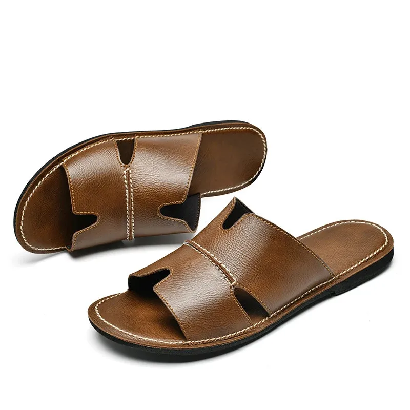 Yeknu Fashion Leather Slippers for Men Luxury Leather Sandals Summer Casual Slip On Leather Shoes Man Ultra Soft Solid Cowhide Slides Goldendoodle Slippers