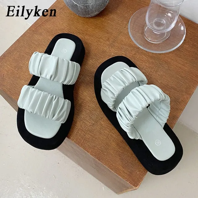 Shearling Mule Slippers Eilyken 2020 Summer Women Slipper Ladies Outdoor Elegant Folds Slides Sandals Wedge High Heels Slip On High Quality Slipper