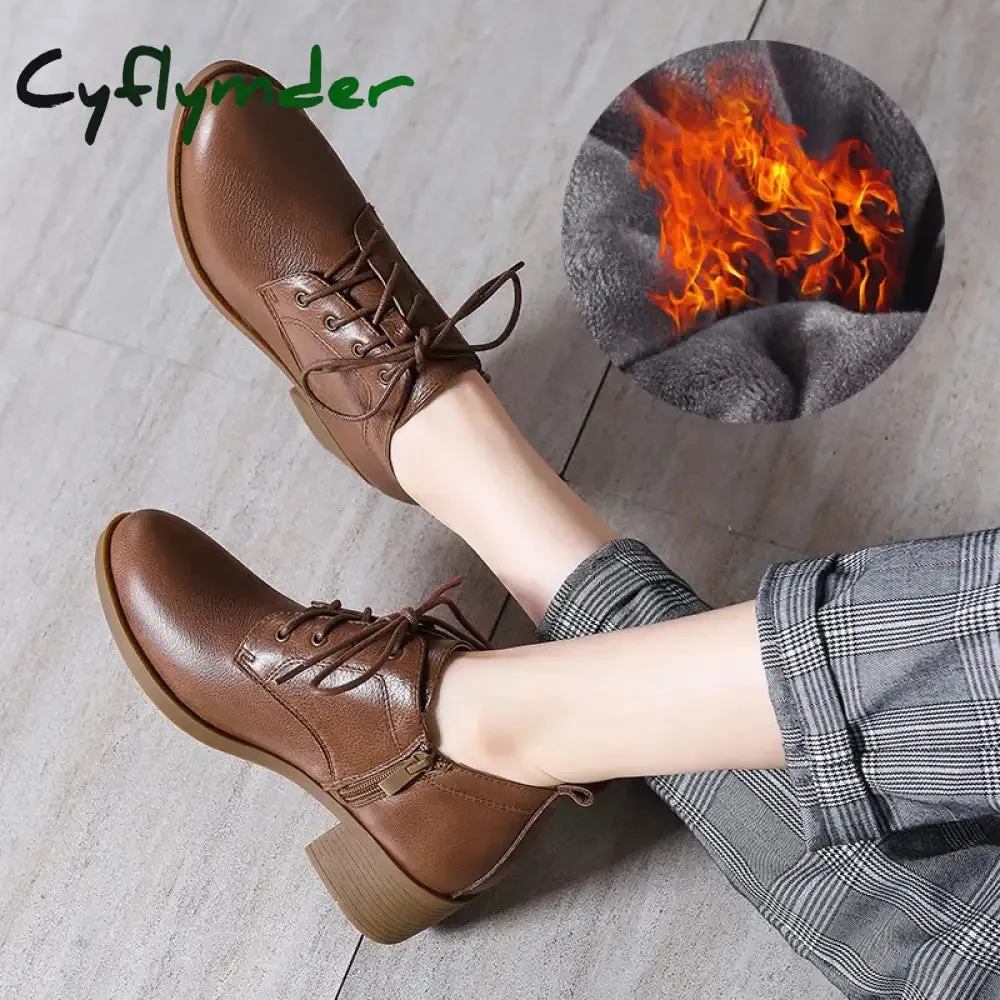 Bar Loafers Cyflymder Women Winter Shoes Women's Loafers Genuine Leather Round Toe Shoes Brown Heels Ladies Pumps Boots Moccassin Rom Strap Fur 41 42