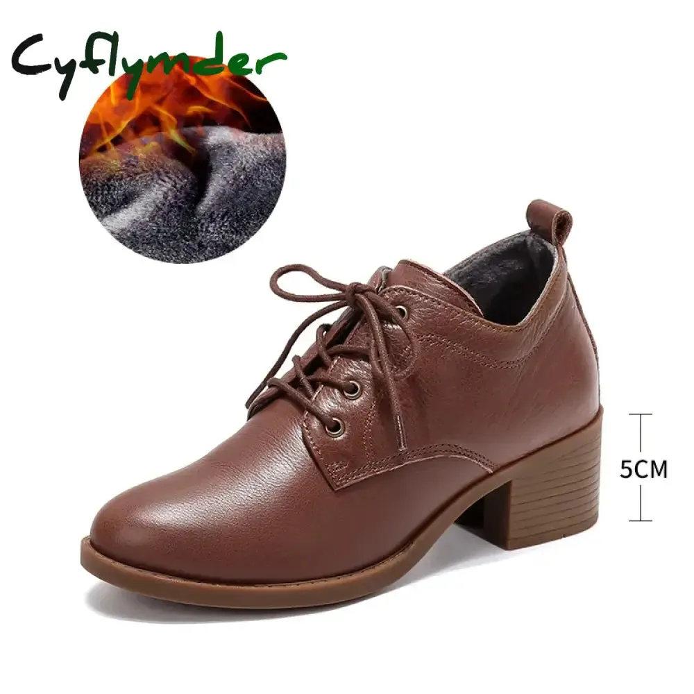 Cyflymder Women Winter Shoes Women's Loafers Genuine Leather Round Toe Shoes Brown Heels Ladies Pumps Boots Moccassin Rom Strap Fur 41 42 Classic Leather Loafers