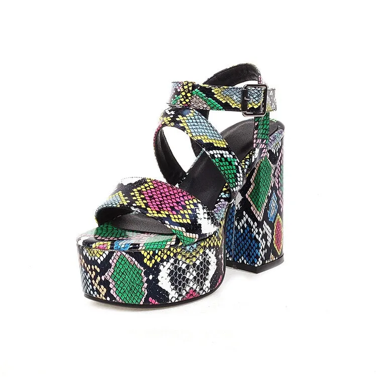 Extra Extra Wide Sandals Women's Snake Print Ankle Strap Thick Sole Chunky Heel Platform Sandals