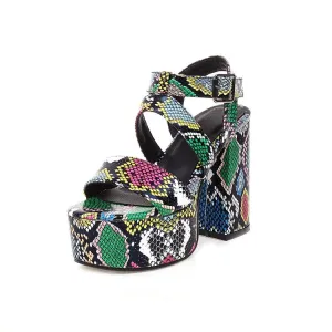 Extra Wide Sandals Women's Snake Print Ankle Strap Thick Sole Chunky Heel Platform Sandals