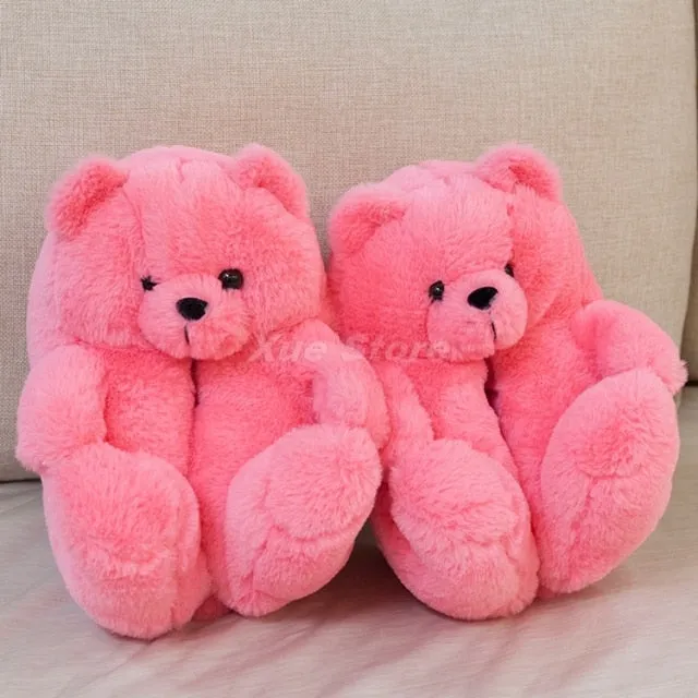 Folding Travel Slippers Teddy Bear women christmas plush slippers Cartoon Cute Bear House Slipper Furry Faux Fur Slides Woman Furry
