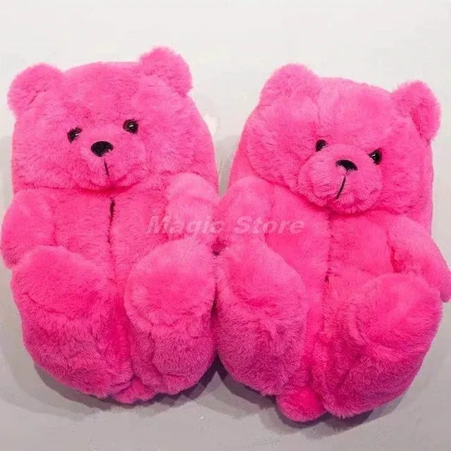 Slippers Real Teddy Bear women christmas plush slippers Cartoon Cute Bear House Slipper Furry Faux Fur Slides Woman Furry