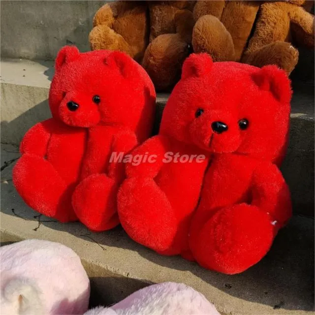 Teddy Bear women christmas plush slippers Cartoon Cute Bear House Slipper Furry Faux Fur Slides Woman Furry Thong Slides
