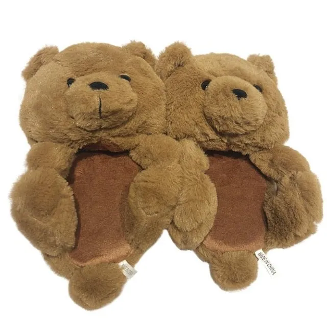 Teddy Bear women christmas plush slippers Cartoon Cute Bear House Slipper Furry Faux Fur Slides Woman Furry Gold Slippers