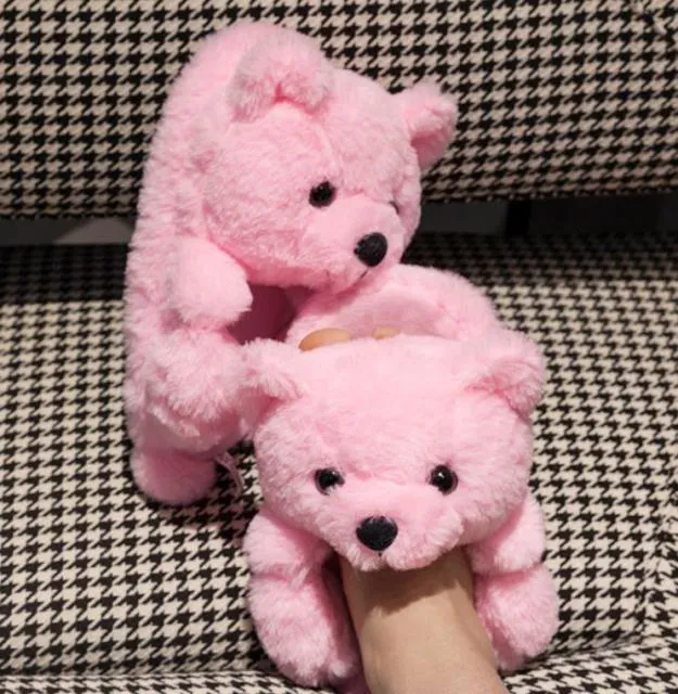 Bunny In Slippers Teddy Bear women christmas plush slippers Cartoon Cute Bear House Slipper Furry Faux Fur Slides Woman Furry