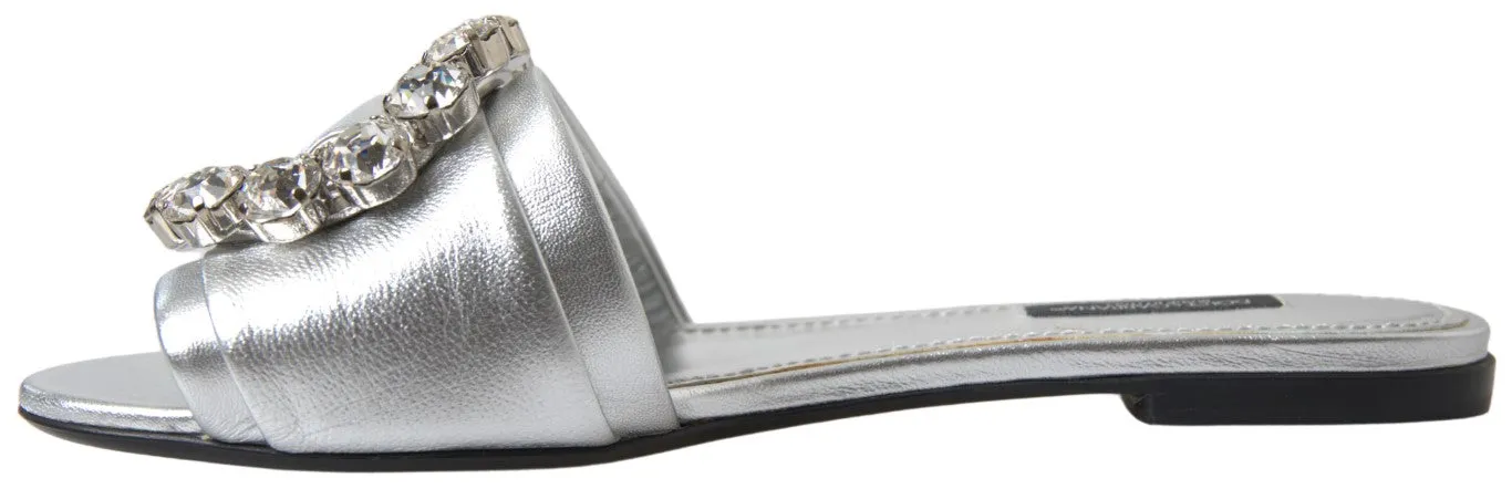 Flat House Shoes Dolce & Gabbana Silver Crystal Embellished Slides Flat Shoes