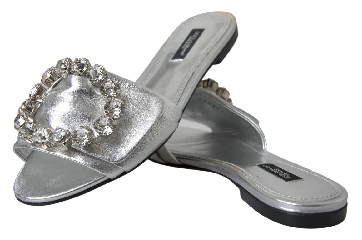 Dress With Flat Shoes Dolce & Gabbana Silver Crystal Embellished Slides Flat Shoes