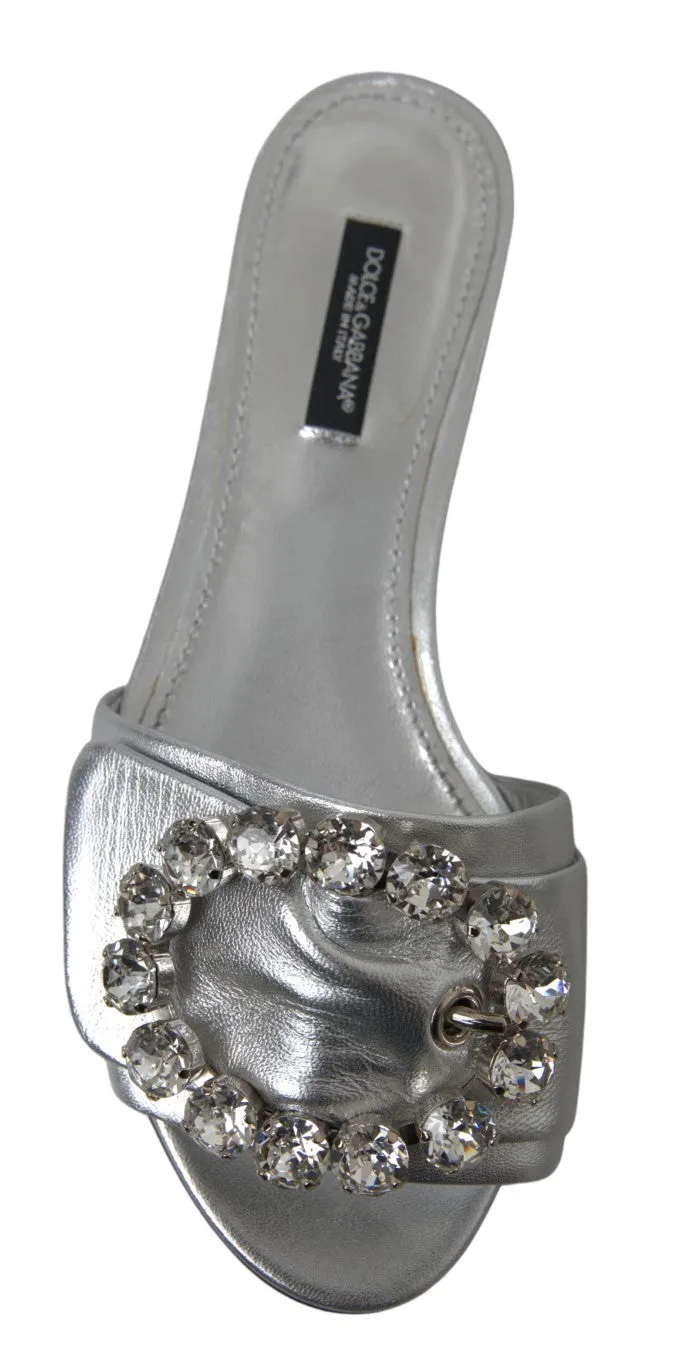 Dolce & Gabbana Silver Crystal Embellished Slides Flat Shoes Flat Shoes With Stones