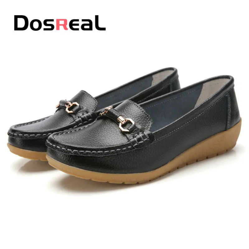 Loafers Trendy Dosreal Women Cow Leather Loafers Shoes Ladies Metal Buckle Flats Shoes Spring Comfortable Slip-On F