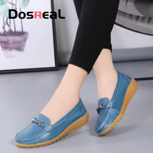 Business Loafers Dosreal Women Cow Leather Loafers Shoes Ladies Metal Buckle Flats Shoes Spring Comfortable Slip-On F