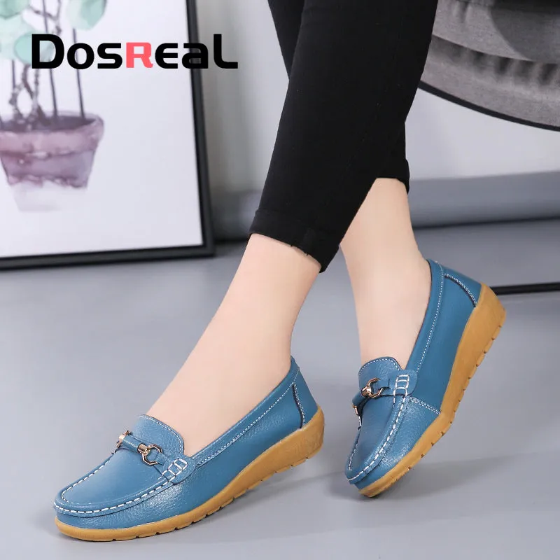 Dosreal Women Cow Leather Loafers Shoes Ladies Metal Buckle Flats Shoes Spring Comfortable Slip-On F White Loafers
