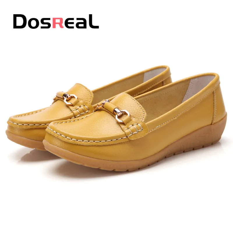 Paw Loafers Dosreal Women Cow Leather Loafers Shoes Ladies Metal Buckle Flats Shoes Spring Comfortable Slip-On F