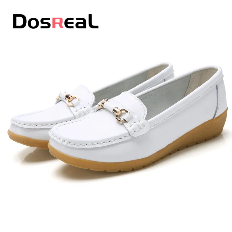 Dosreal Women Cow Leather Loafers Shoes Ladies Metal Buckle Flats Shoes Spring Comfortable Slip-On F Hermes Shoes Loafers