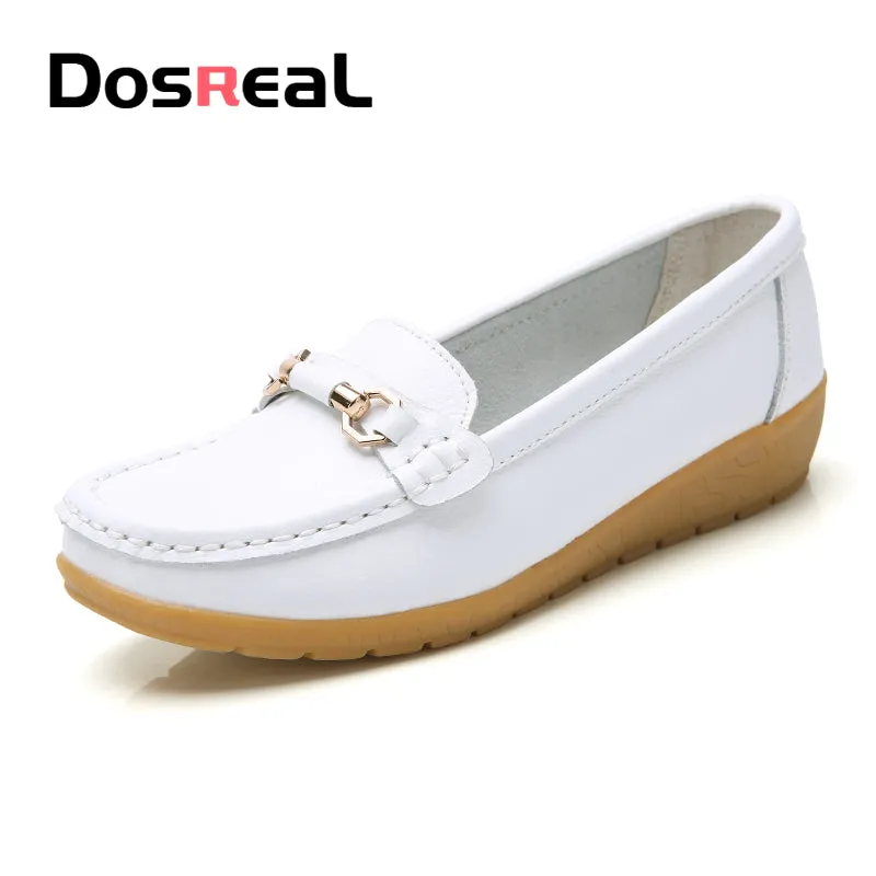 Dosreal Women Cow Leather Loafers Shoes Ladies Metal Buckle Flats Shoes Spring Comfortable Slip-On F Original Penguin Loafers