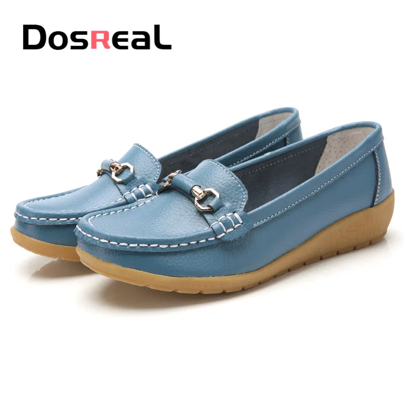 Dosreal Women Cow Leather Loafers Shoes Ladies Metal Buckle Flats Shoes Spring Comfortable Slip-On F A New Day Loafers