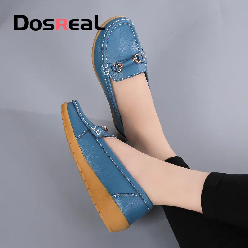 Dosreal Women Cow Leather Loafers Shoes Ladies Metal Buckle Flats Shoes Spring Comfortable Slip-On F Penny Loafers And Suit