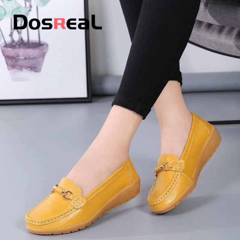Dosreal Women Cow Leather Loafers Shoes Ladies Metal Buckle Flats Shoes Spring Comfortable Slip-On F Saks Loafers
