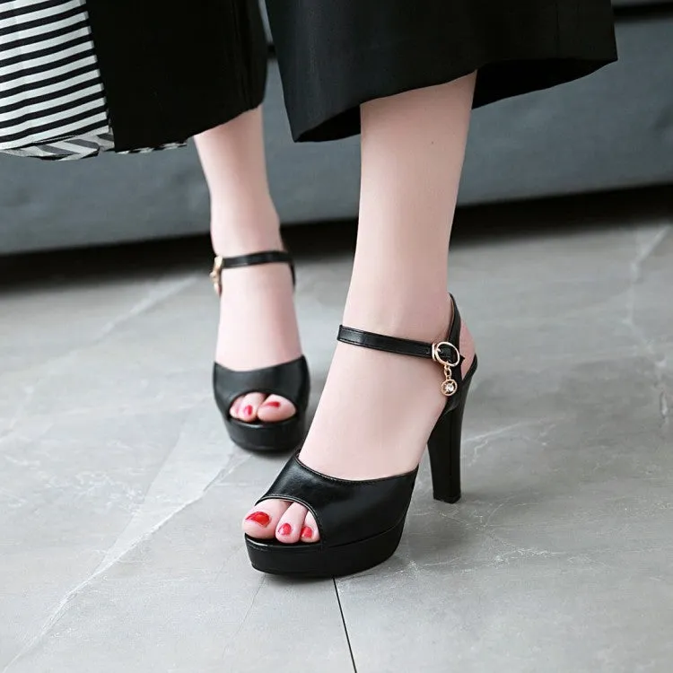 Women's Solid Color Peep Toe Ankle Strap High Heel Platform Sandals Big Sandals