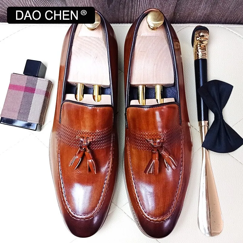 Christian Louboutin Loafers BROWN SLIP ON MAN SHOE TASSELS WEAVE DRESS SHOES WEDDING OFFICE GENUINE LEATHER LOAFERS FOR MEN