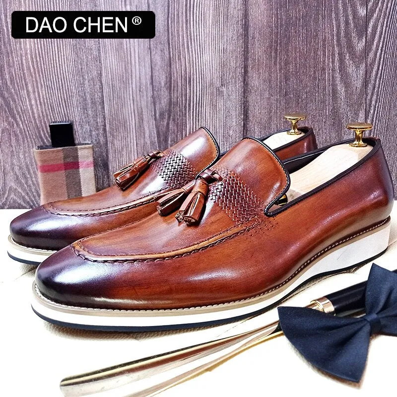 BROWN SLIP ON MAN SHOE TASSELS WEAVE DRESS SHOES WEDDING OFFICE GENUINE LEATHER LOAFERS FOR MEN Fleece Lined Loafers