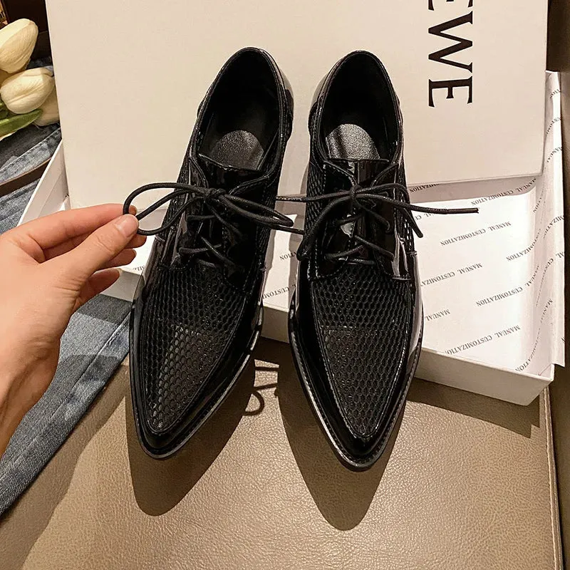 Finn Oxfords Net Cloth Oxfords Women Shoes Lace-Up Ladies Brogue Flat Derby Shoes Pointed Toe Lace-up Heels