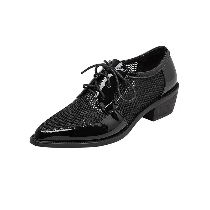 Net Cloth Oxfords Women Shoes Lace-Up Ladies Brogue Flat Derby Shoes Pointed Toe Lace-up Heels Oxford Or Brogues