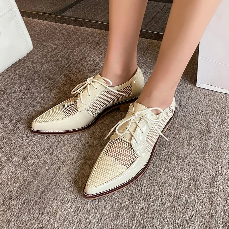 Net Cloth Oxfords Women Shoes Lace-Up Ladies Brogue Flat Derby Shoes Pointed Toe Lace-up Heels Cap-toe Oxfords