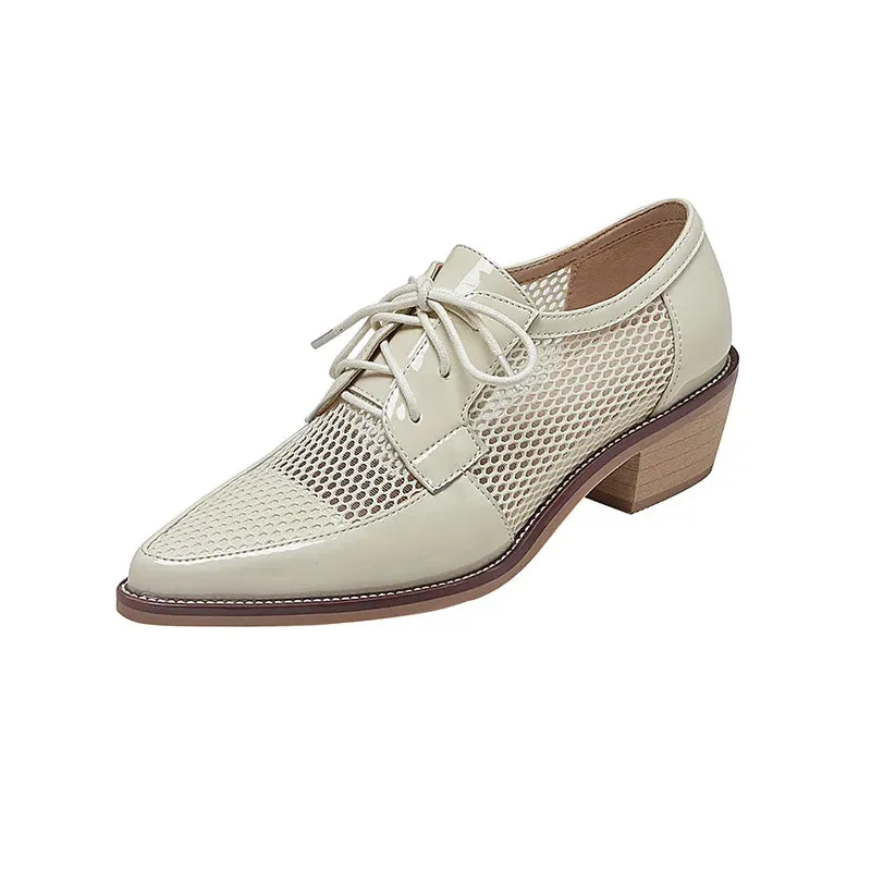 Trustee Leather Oxfords Net Cloth Oxfords Women Shoes Lace-Up Ladies Brogue Flat Derby Shoes Pointed Toe Lace-up Heels