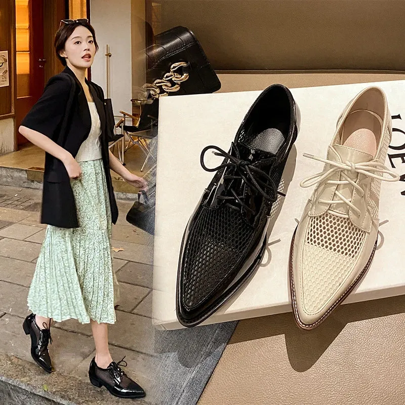 Camden Leather Oxfords Net Cloth Oxfords Women Shoes Lace-Up Ladies Brogue Flat Derby Shoes Pointed Toe Lace-up Heels